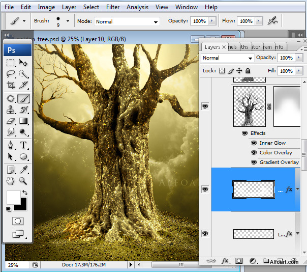 Golden apple tree. Magic scene. Adobe Photoshop Tutorial.